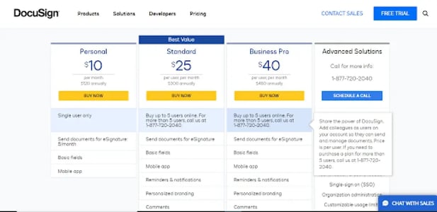 DocuSign offers four eSignature plans