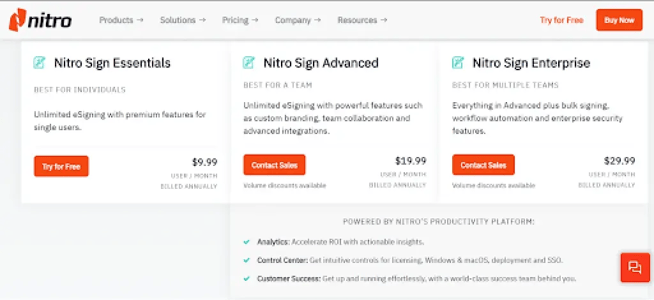 Nitro Sign offers three unlimited eSignature packages