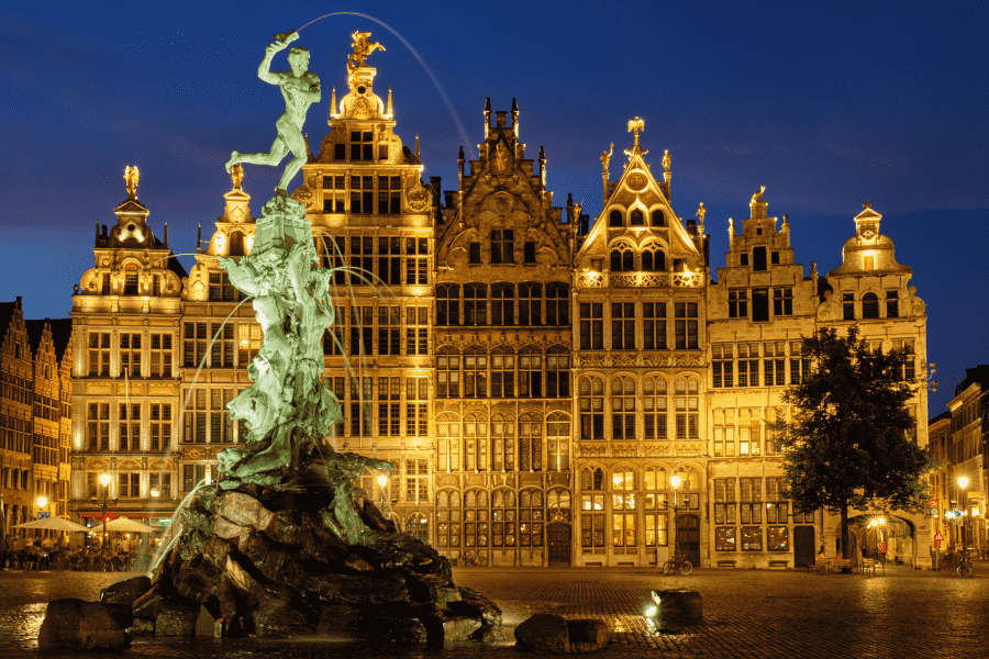 View of Antwerp Grote Markt with famous Brabo Statue