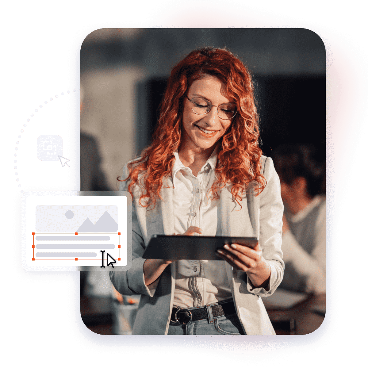 Red hair woman smiling while interacting with her mobile phone