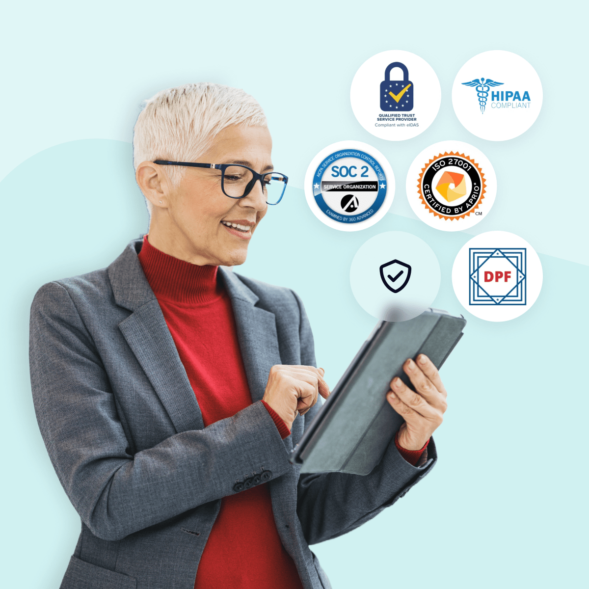 Mature woman interacting with tablet surrounded by regulation badges