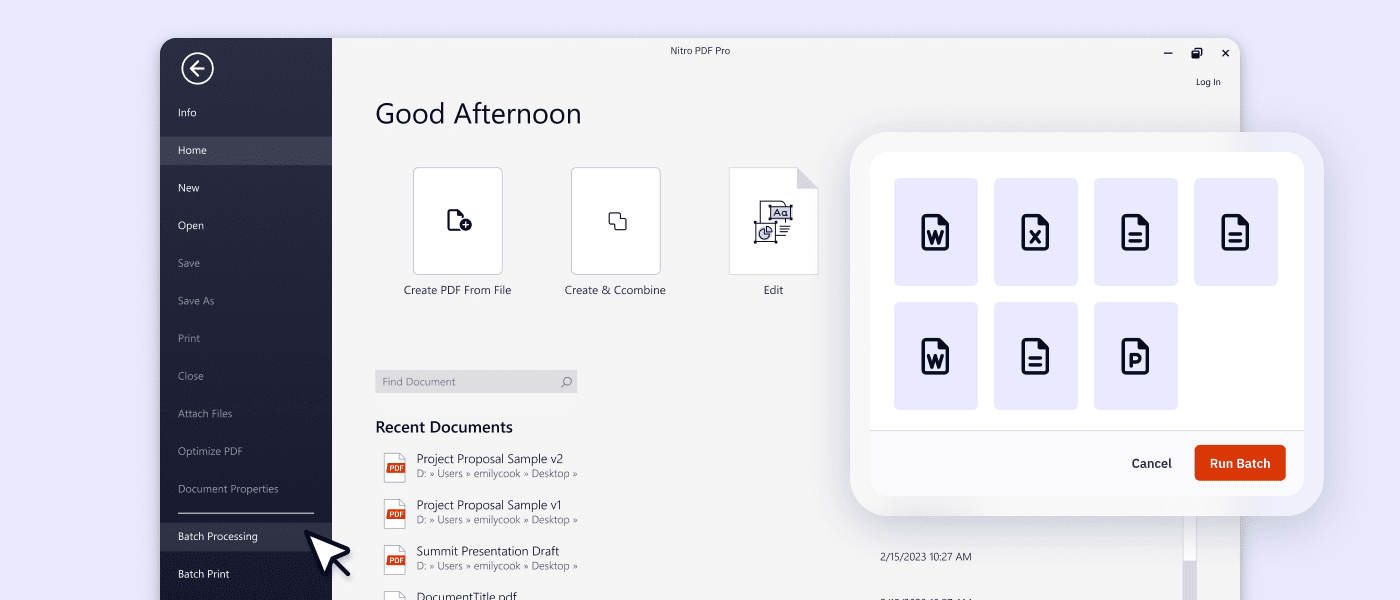 Nitro PDF clicking on batch processing from the file screen