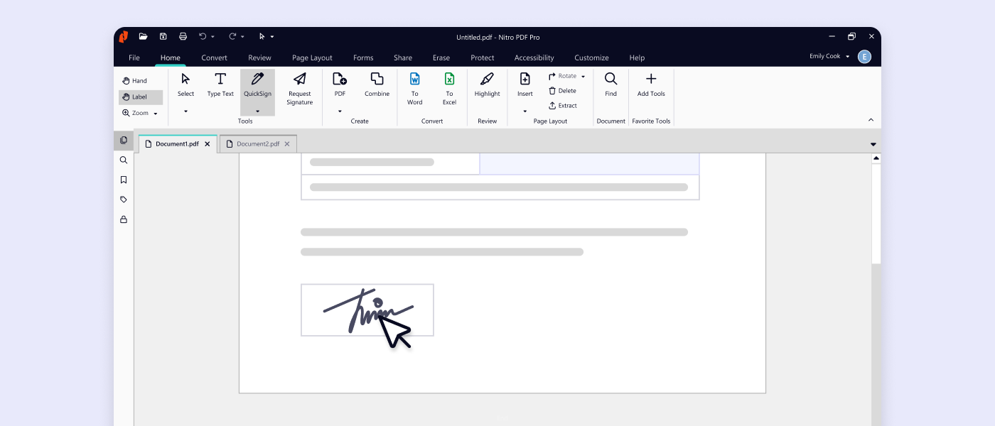 Nitro PDF Pro being used to quick sign a document