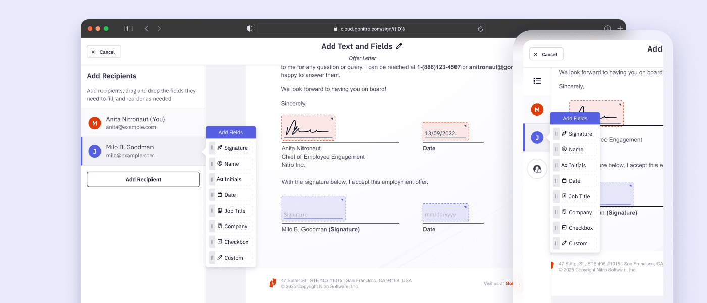 Nitro Sign being used on desktop and mobile device to add signature fields