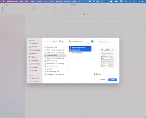 Within Nitro, Open the two PDF files that you plan on combining